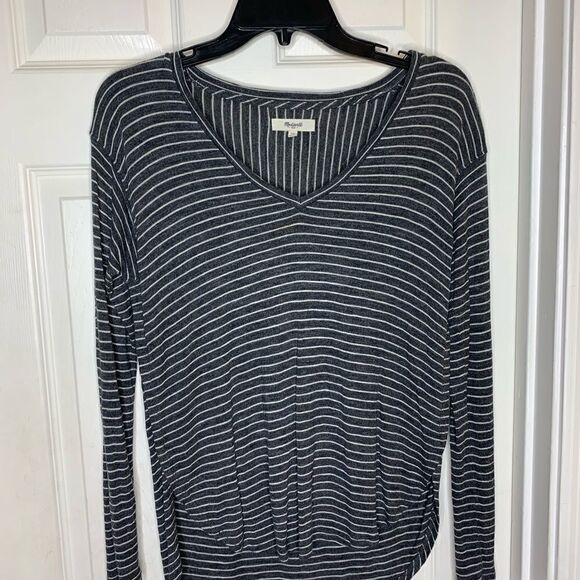 Madewell V Neck Long Sleeve Gray White Top - Picture 3 of 7